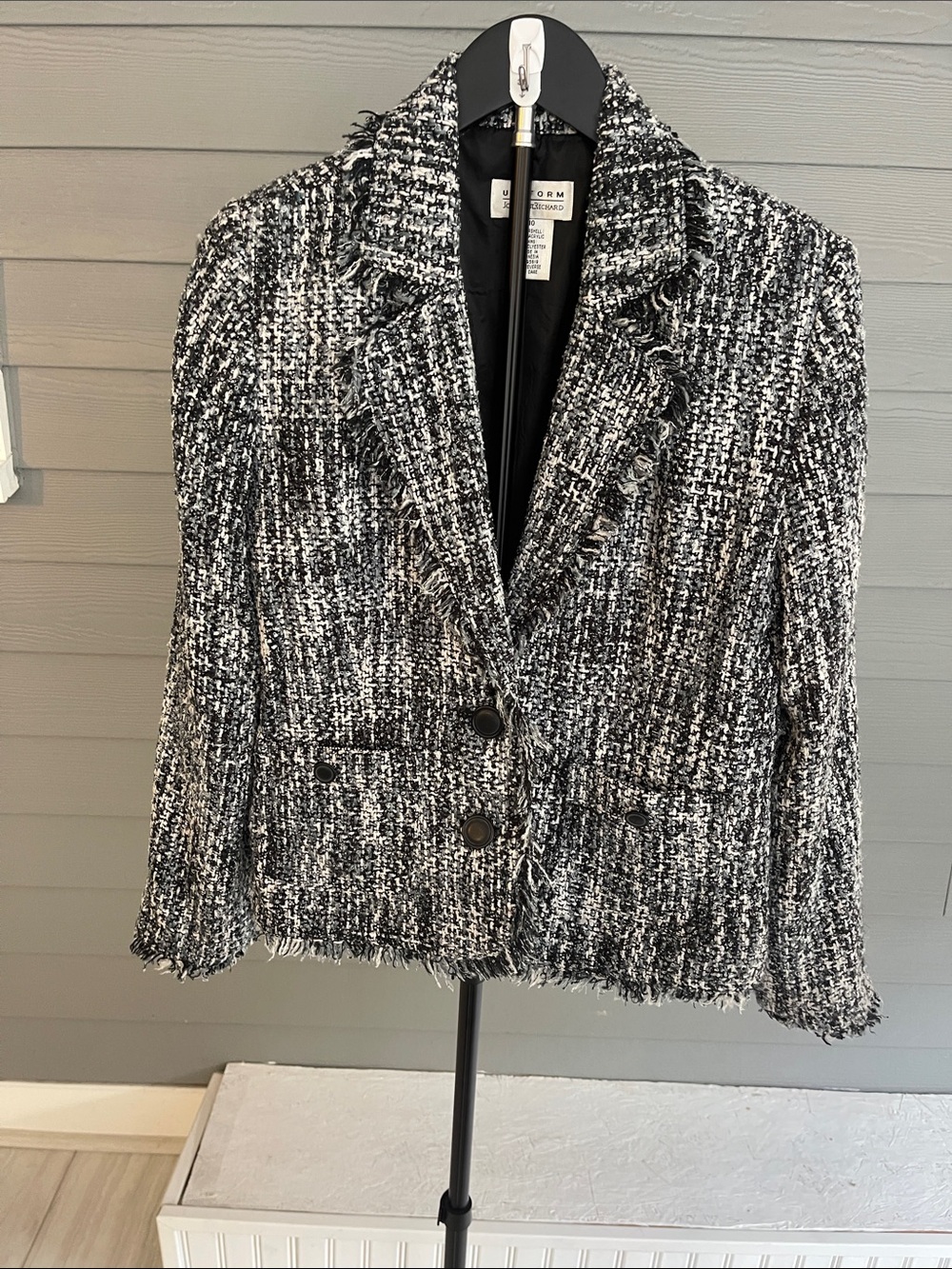 Sophisticated Black/White/Blue Tweed Frayed-Trim Blazer Size 10